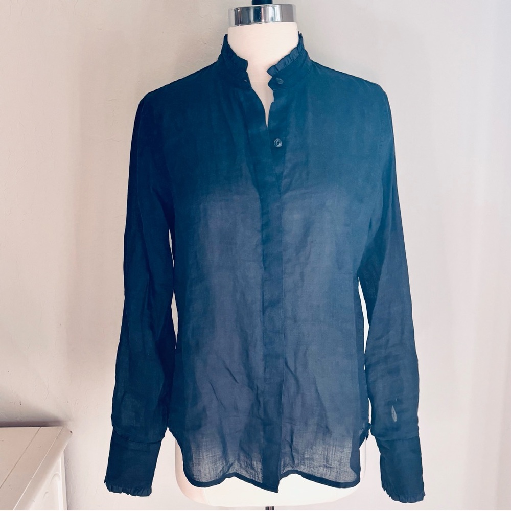 rag & bone Jordan Long Sleeve Semi Sheer Button Down Shirt, Navy, Ramie, Sz S